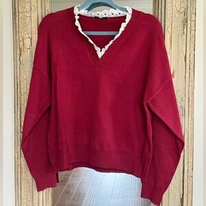 Women's V-Neck Sweater with Lace Trim in Berry Red